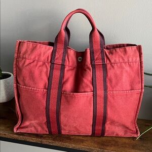 Hermes Red Canvas East West Tote Bag with Stripes